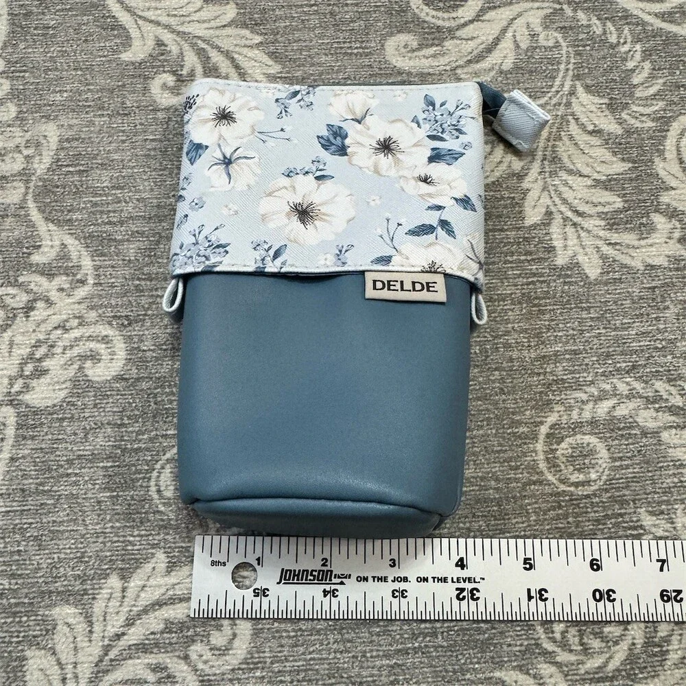 DELDE Slide Stand Pencil Case Floral Light Blue Pen Pouch